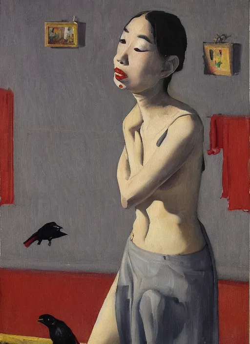 Image similar to a painting of gorgeous asian college girl standing on the knees with frozen cold stare, blood red background, transparent gray dresses, crows flying with red eyes trapped in the void as a symbol of death, in style of Edward Hopper, surrealism of Francis Bacon painting, John Singer Sargant, Chaim Soutine and Frank Auerbach, American Gothic, 8k, ultradetailed