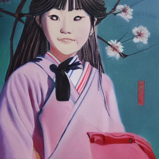 Image similar to a painting of Japanese schoolgirl, clothed, Epic