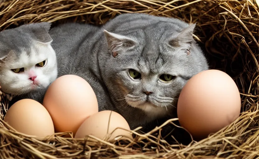 Prompt: david attenborough in a nest of eggs, exotic shorthair cat, mother cat, national geographic, strange, photorealistic