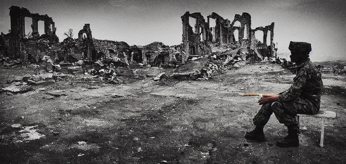 Image similar to “sad soldier, sitting alone, smoking a cigarette, looking at the ruins of his city from a hill”