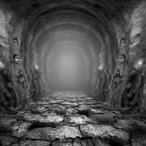 Prompt: a highly detailed realistic photographic render of an ethereal pathway, a labyrinthian hell, projecting a bellow that quakes the gallows, creepy, horror, horror scene, cinematic horror, creepy horror, scary scene, cinematic lighting, cinematic scene, Volumetric lighting, Atmospheric scene, Dark, Horror, Atmospheric lighting, Global illumination, realistic, photo realism, hyper realistic, hyper realism, photo realisitc, cinematic render, film, beautifully lit, ray traced, octane 3D render, octane render, unreal engine
