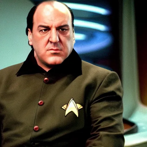 Prompt: tony soprano in a Star trek deep space nine uniform commanding the use defiant