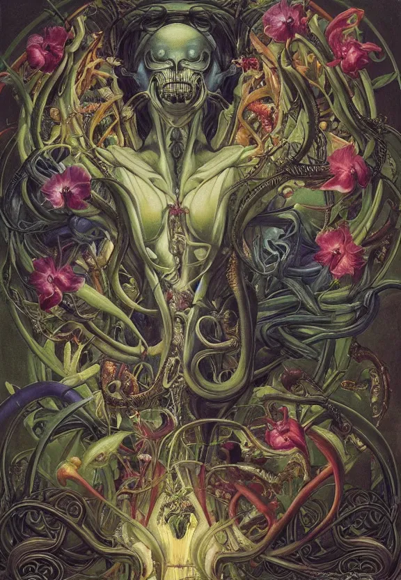 Image similar to simplicity, elegant, colorful muscular eldritch orchids, lilies, flowers, bodies, neon, radiating, honeybees, mandalas, by h. r. giger and esao andrews and maria sibylla merian eugene delacroix, gustave dore, thomas moran, pop art, giger's biomechanical xenomorph, art nouveau