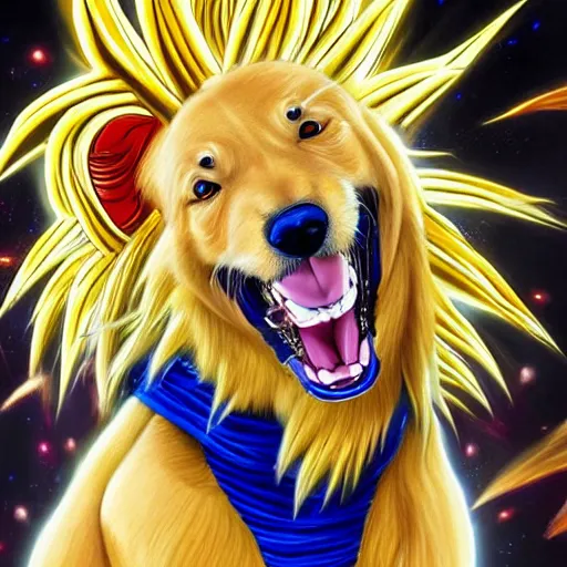 Image similar to ultra realistic portrait painting of a golden retriever as super saiyan goku, art by akira toriyama, 4 k, dragon ball artstyle, cel shaded, highly detailed, epic lighting