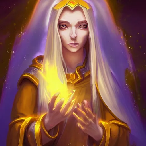 Image similar to beautiful holy female wizard, yellow lighting, emma waston face, in hearthstone art style, epic fantasy style art, fantasy epic digital art, epic fantasy card game art