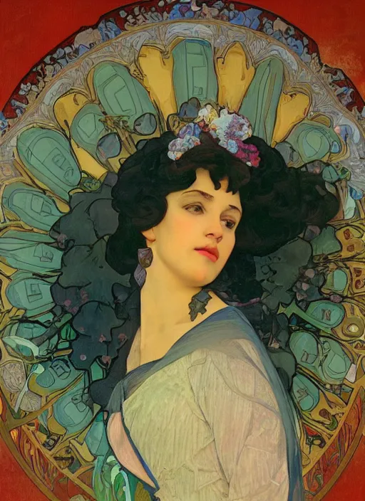 Image similar to Real life Marge Simpson, painted by Alphonse Mucha, highly detailed, 8k