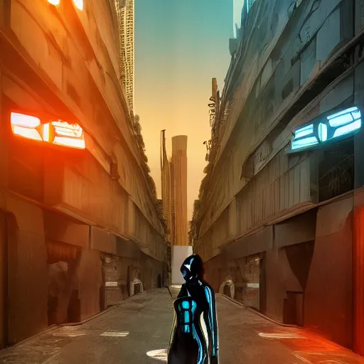 Image similar to a fashion model in helmet, creative, brown skin, digital art, photo manipulation, artstation, standing, cyberpunk, giant, street, duck shoes, up there, photoshop, bridge