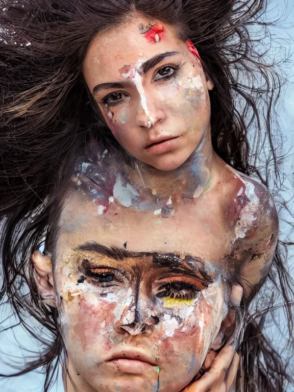 Image similar to hyperdetailed photo of a beautiful italian girl, brown eyes, dark hair, painting on face, skin, winds of winter, with plain ripped crop t - shirt, fine - face, pretty face