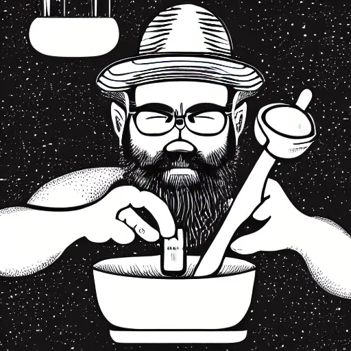 Prompt: bearded man turns bowl using woodlathe, vector art, monochromatic