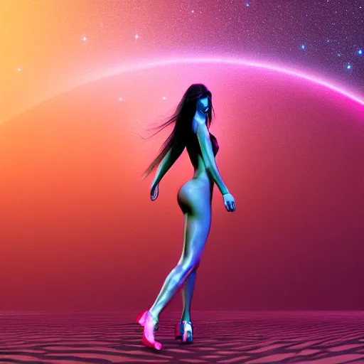 Image similar to A wide angle shot from below of a feminine body walking with swagger towards camera on mars in an infinite universe , synthwave digital art