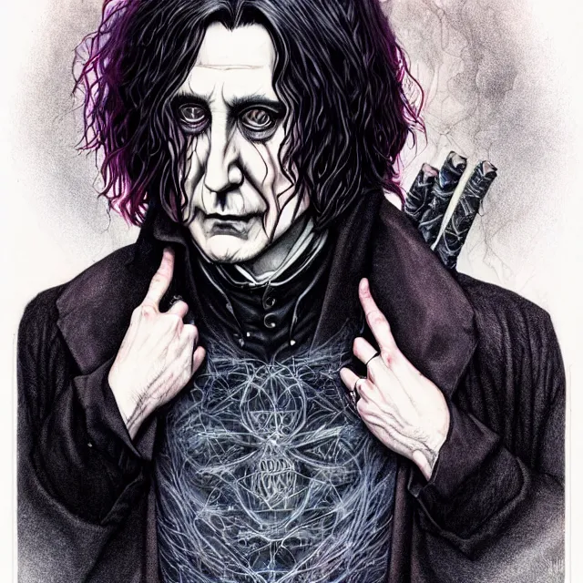 Prompt: symmetrical complex fine detail, black ink & copic markers, vibrant muted colors, disturbing grunge still of a [ lovecraftian demon infested ] [ severus snape ], by ( arthur adams ), by ( tom bagshaw ), by henry asencio, by kikuchi hideyuki