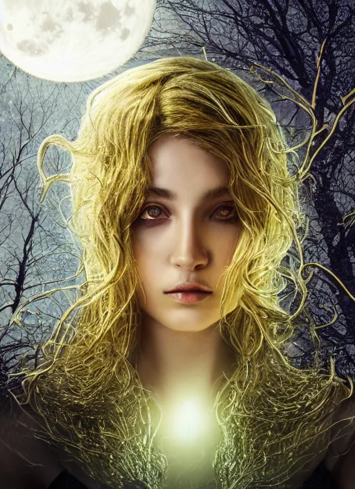 Image similar to glowing silver and golden elements, full close-up portrait, young model from shutterstock as a dark witch in front of the full big moon, book cover, green forest, red white black colors, establishing shot, extremly high detail, photo-realistic, cinematic lighting, pen and ink, intricate line drawings, by Yoshitaka Amano, Ruan Jia, Kentaro Miura, Artgerm, post processed, concept art, artstation, matte painting, style by eddie, raphael lacoste, alex ross
