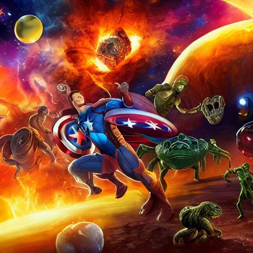 Image similar to the avengers battle one eldritch horror garfield in space, galaxy, hd, 8 k, explosions, gunfire, lasers, giant, epic, colorful, realistic photo, unreal engine, stars, prophecy, powerful, cinematic lighting, destroyed planet, debris, justice league, movie poster, violent, sinister, ray tracing, dynamic, print, epic composition