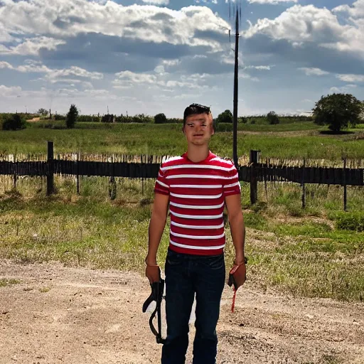 Image similar to Young man standing looking to the right in a red bandana, blue striped shirt, gray vest and a gun with a partly cloudy sky in the background. The young man is standing in front of an iron fence. Photograph. Real life