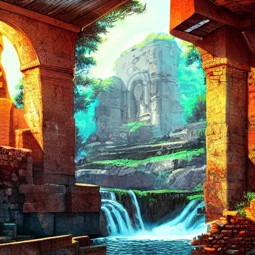 Image similar to ancient ruins and waterfalls, retrowave art, cyberpunk, trending on art station