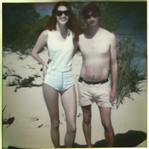 Image similar to found polaroid of my parents at the beach who look exactly like Anna Kendrick and Roger Federer