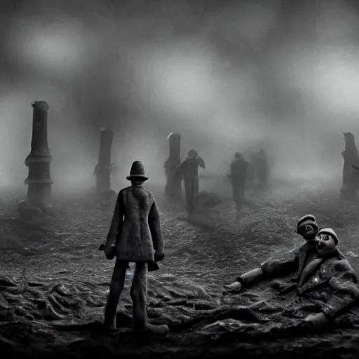 Image similar to the world war 3, surrealistic detailed claymation art, dark, moody, foggy