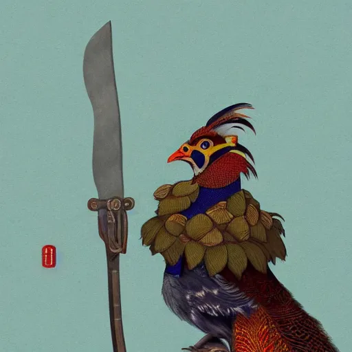 Prompt: pheasant holding a sword, by lily seika jones Instagram, rivuletpaper art, top cinematic lighting , cinematic mood, very detailed, shot in canon, 8k, high resolution, realistic illustration