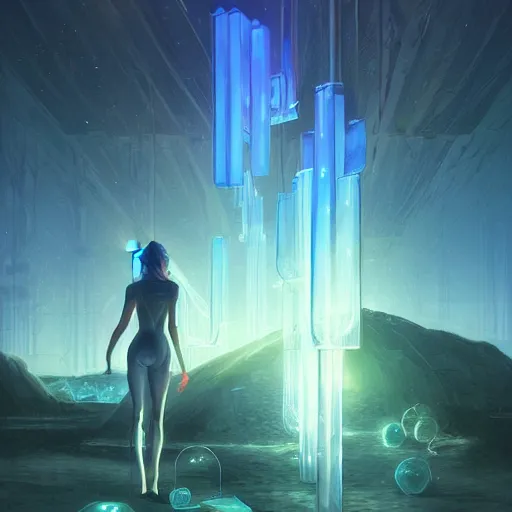 Prompt: beautiful glowing cubes all interconnected to each other with tubes, atmospheric lighting, intricate, volumetric lighting, beautiful, sharp focus, ultra detailed, in the art style of bowater, charlie, brom, gerald, lake baikal in the background, astrophotography