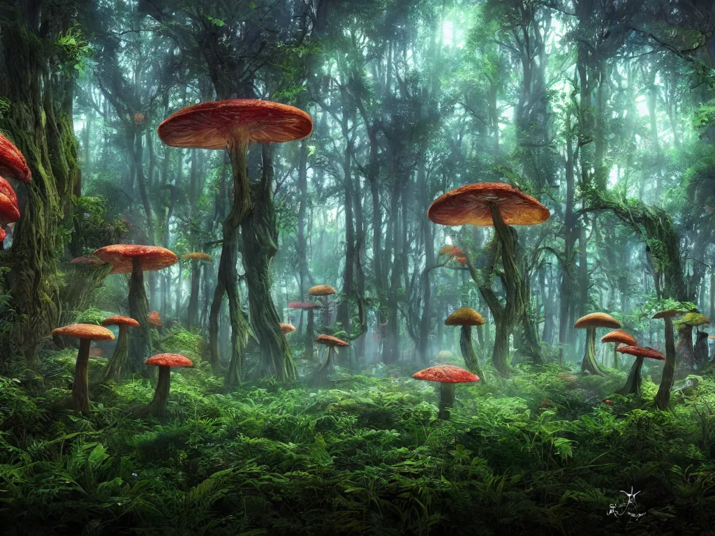 Image similar to a beautiful otherworldly fantasy landscape of a hidden forest with colorful mystical plants and huge psychedelic mushrooms as the trees, rendering, cryengine, vray render, cinema 4 d, cgsociety, bioluminescent