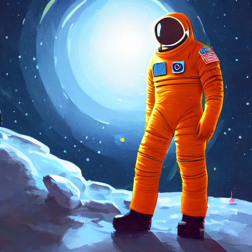 Prompt: astronaut in orange polar exploration suit kneeling down in snow behind a single small alien looking plant, concept art, painterly, artstation