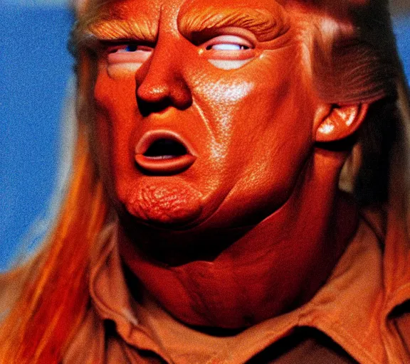 Image similar to color still shot of donald trump on predator 1 9 8 7, face closeup, fighting