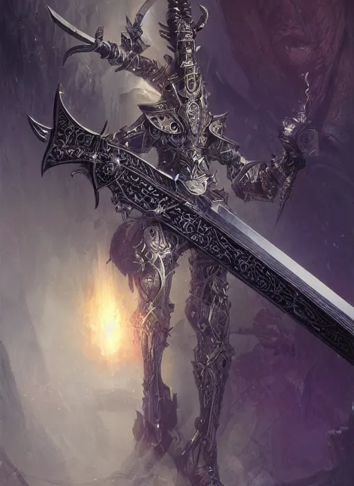 Image similar to legendary sword of technology, intricate black and iridescent blade, ornate gothic baroque spikes, glowing handle, detailed realistic, ray tracing, colored gems, art by greg rutkowski