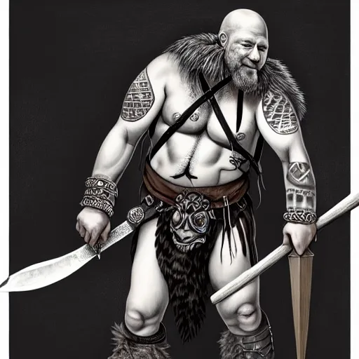 Image similar to “ painting by brom of large gray skinned humanoid with black geometric tattoos, smirking, holding a battle axe, bare chest, fur loin cloth, fur boots, potions and pouches strapped to belt, worn leather backpack, scars and scratches on skin ” artstation, highly detailed, “ dungeons & dragons ” dnd d & d,