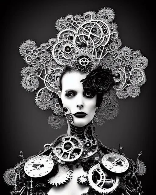 Image similar to surreal dark poetic black and white photo portrait of complex bio-mechanical beautiful young silver female vegetal-cyborg with a Mandelbrot fractal steampunk metal fine lace face, a very long neck and a fine metal floral foliage super big lace collar by Vivienne Westwood:: smoke, high fashion, haute couture, rococo, steampunk, avant-garde, silver filigree details, anatomical, facial muscles, cable wires, microchip, elegant, dreamy, foggy atmosphere, hyper realistic, 150 mm lens, soft rim light, octane render, unreal engine, picture was taken in 1910 by Man Ray, volumetric lighting, dramatic light,8k,