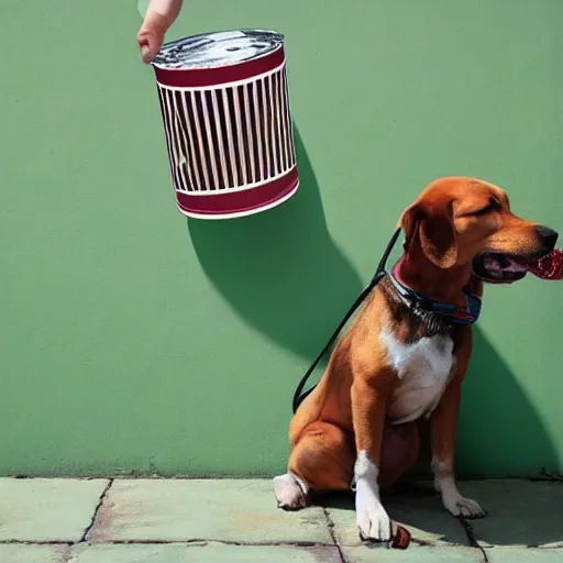 Prompt: a dog plays accordion sitting on the rim of a giant can of paint, its toes dipped into the paint