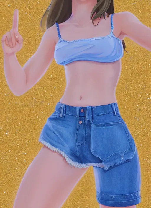 Prompt: girl at a beach holding up a peace sign, happy, beautiful, finely detailed, made by artgerm, full body portrait, illustration, sparkling water, shinny sand, sunny, anime, front view, perfect anime face, realistic face, zoomed out, smooth, blue eyes, high waisted shorts, sharp focus