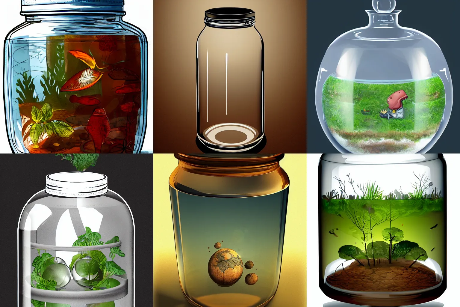Prompt: big glass jar with biosphere inside, illustration trending on Artstation