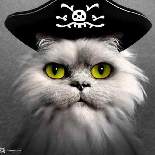 Image similar to anthropomorphic grey persian cat with evil eyes wearing a pirate hat, fantasy, trending on artstation