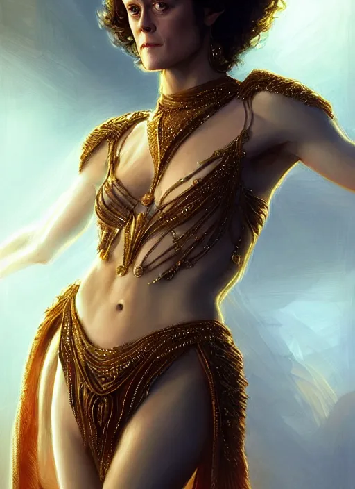 Prompt: young sigourney weaver in dejah thoris outfit, intricate, elegant, glowing lights, highly detailed, digital painting, artstation, glamor pose, concept art, smooth, sharp focus, illustration, art by artgerm and greg rutkowski, artey freytag