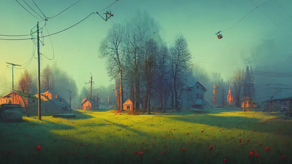 Image similar to gloomy russian village landscape by simon stalenhag, beeple, makoto shinkai, digital painting, fibonacci, trending on artstation, mandelbrot, beautiful, weird, cyberpunk, flowers, robot