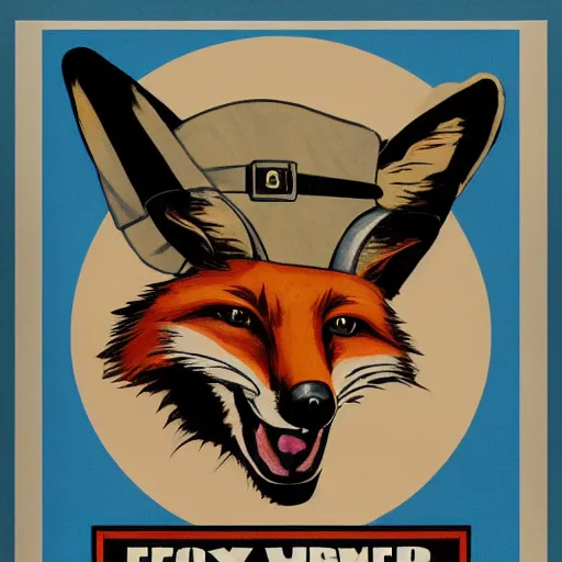 Image similar to fox animal dressed as a soldier in the style of a ww 2 propaganda poster