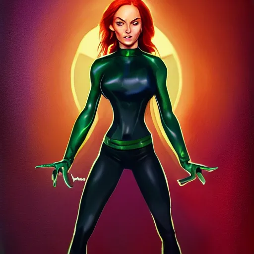 Image similar to jean grey, a half body of jean grey, green eyes, comic, x - men, highly detailed, artstation, symetry, digital painting, vivid colors, realistic shaded perfect face, soft lighting, atmospheric, cinematic, moody, in the style of jim lee, oil on canvas, 8 k