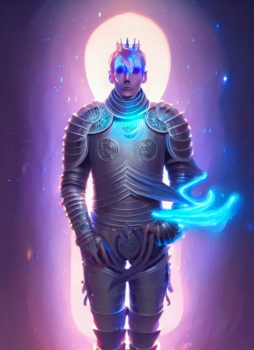 Image similar to a male knight faceless glowing liquefied stardust adventurer, dnd fantasy character, full body portrait, glowing neon skin, magical aura, ultra realistic, intricate, elegant, highly detailed, digital painting, artstation, smooth, sharp, focus, illustration, art by artgerm and greg rutkowski and alphonse mucha and dan mumford, sacred geometry