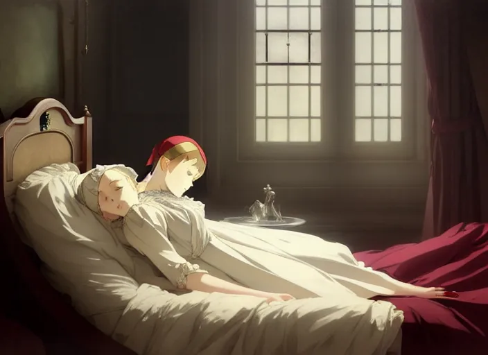 Prompt: victorian britain 1 8 3 6, 1 6 year old florence nightingale, asleep in a luxurious english victorian bedroom, dreaming of becoming a nurse, finely detailed perfect art, gapmoe yandere grimdark, trending on pixiv fanbox, painted by greg rutkowski makoto shinkai takashi takeuchi studio ghibli