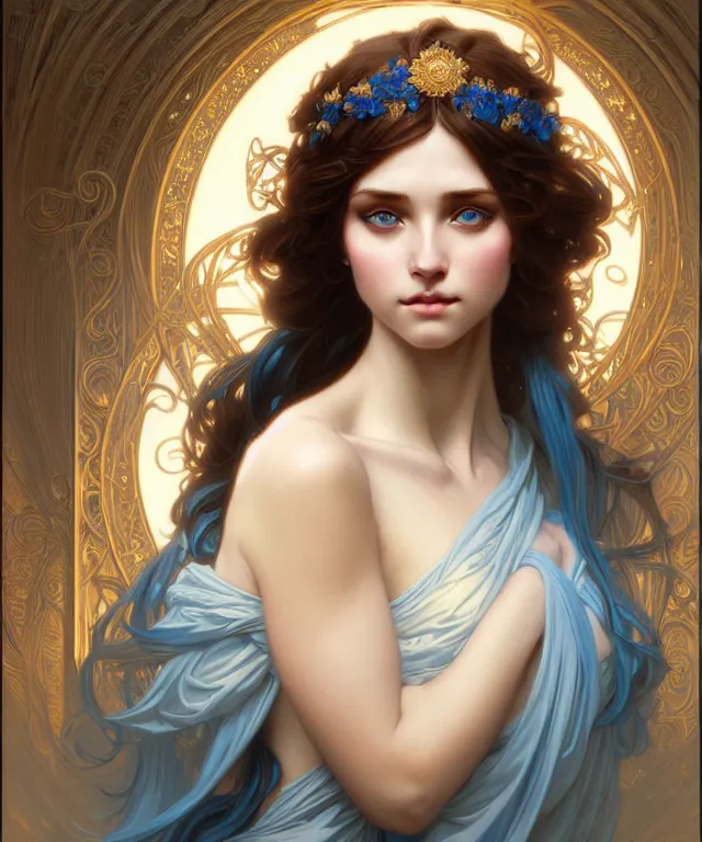 Image similar to young goddess, portrait, blue eyes, beautiful face, long hair, fantasy, ornamental, intricate, elegant, highly detailed, digital painting, artstation, concept art, smooth, sharp focus, illustration, art by artgerm and Greg Rutkowski and Alphonse Mucha