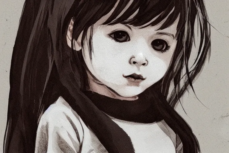 Image similar to portrait of a little girl with a wolf head, dark color scheme, ink, artstation