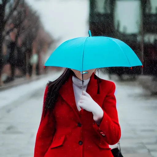 Image similar to woman with red coat and cyan umbrella