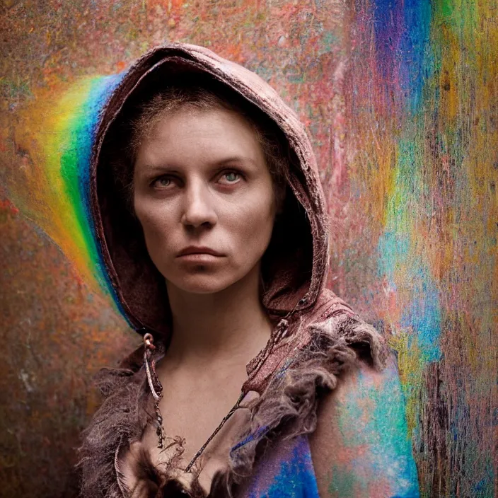 Image similar to closeup portrait of a woman with a hood made of wire and rainbows, standing in a haunted abandoned house, by Annie Leibovitz and Steve McCurry, natural light, detailed face, CANON Eos C300, ƒ1.8, 35mm, 8K, medium-format print