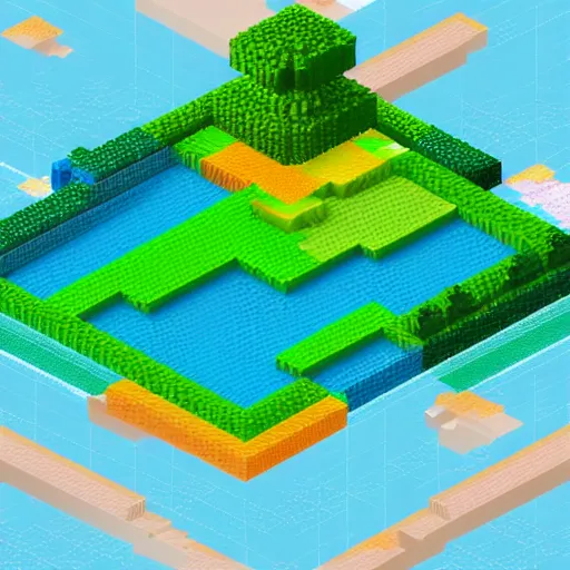 Image similar to isometric pixel voxel art fairy forest surrounded by ocean beautiful aesthetic