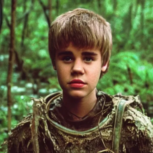 Image similar to cinematic still of justin bieber, covered in mud and watching a predator in a swamp in 1 9 8 7 movie predator, hd, 4 k