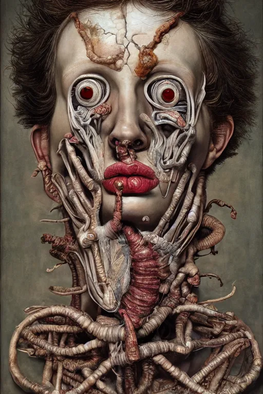 Image similar to Detailed maximalist portrait of a greek god with large lips and eyes, scared expression, botanical anatomy, skeletal with extra flesh, HD mixed media, 3D collage, highly detailed and intricate, surreal illustration in the style of Jenny Saville, dark art, baroque, centred in image