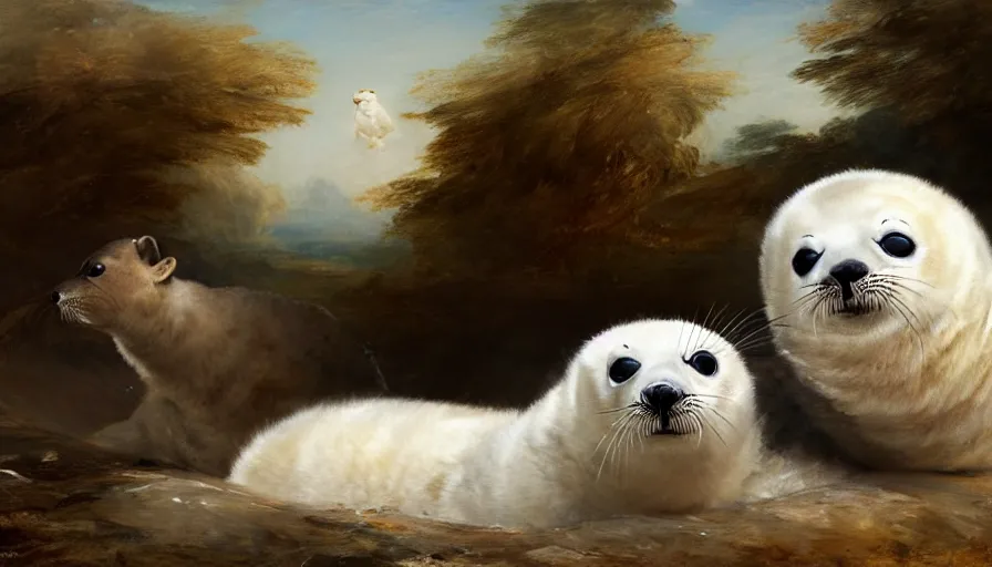 Image similar to highly detailed painting of cute furry white baby seals driving a car by william turner, by greg rutkowski, by william constable, thick brush strokes and visible paint layers, 4 k resolution