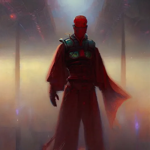 Prompt: Sci-fi Samurai, art by Donato Giancola, Craig Mullins,Hicham Habchi, digital art, trending on artstation, volumetric fog, godrays, high contrast, dark red bloody fog fly around, vibrant colors, high saturation,