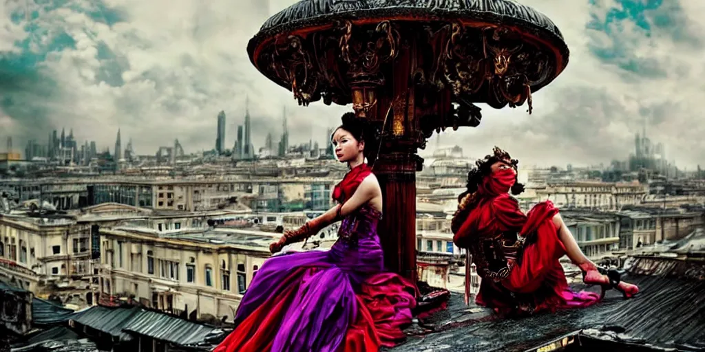 Prompt: movie portrait closeup a beautiful colorful fashion icon woman is sitting on the top of a roof. beautiful natural skin, the amazing floating neoclassical city, fantasy, steampunk, intricate, amazing composition, gloomy by emmanuel lubezki