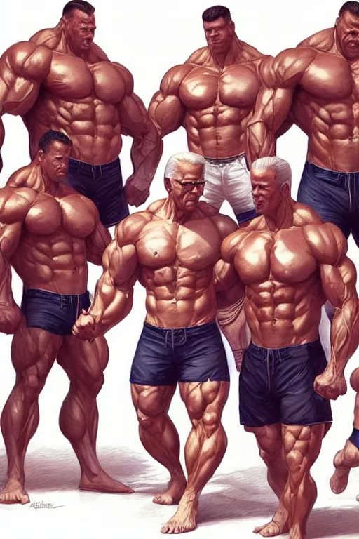 Prompt: joe biden wearing glasses & cycling shorts surrounded by extremely muscular men, elegant, real life skin, intricate, high detailed, artstation, concept art, smooth, sharp focus, art by artgerm and greg rutkowski